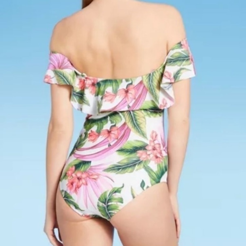 Kona Sol swimsuit‎ Off Shoulder Flounce High Coverage One Piece Tropical - Picture 9 of 9